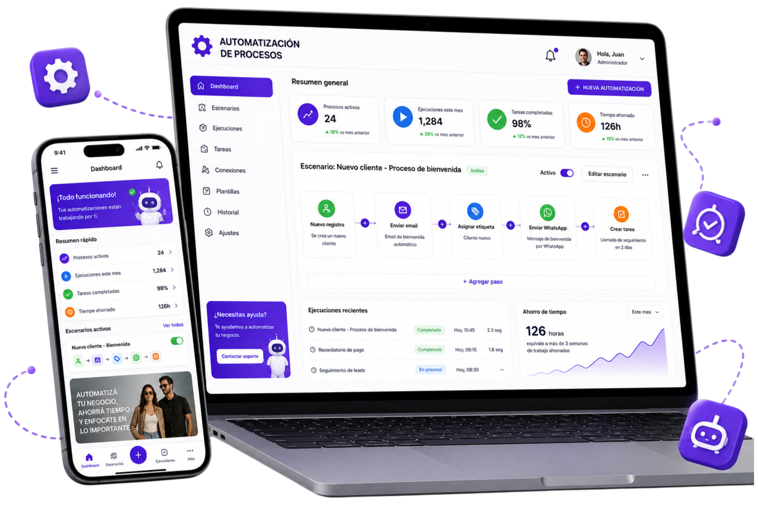 Diagrama de flujo de un proceso empresarial automatizado conectando varios sistemas